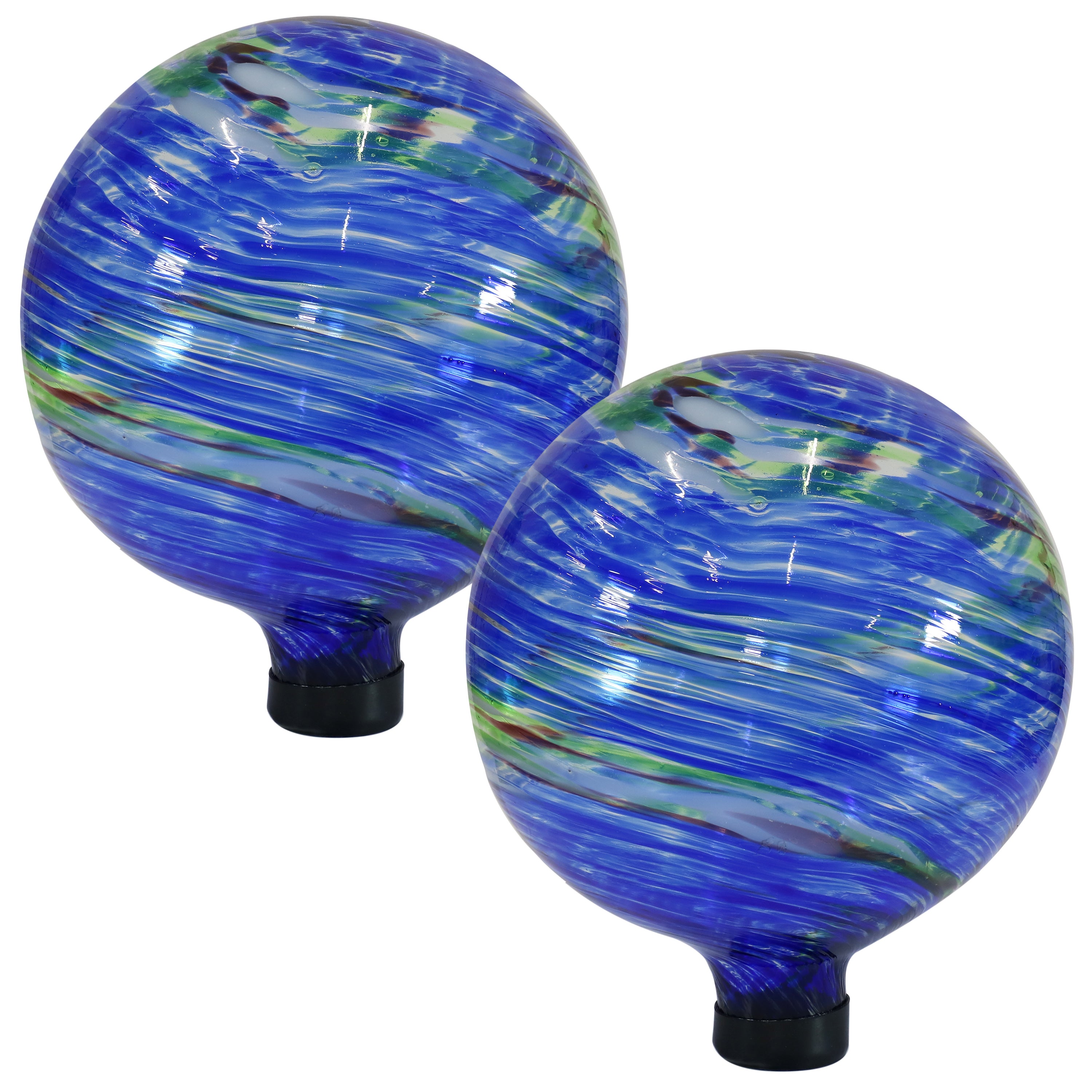 Sunnydaze Northern Lights Glass Gazing Globe with Stemmed Bottom and Rubber Cap - 10" Diameter - Blue and Green Swirl - Set of 2