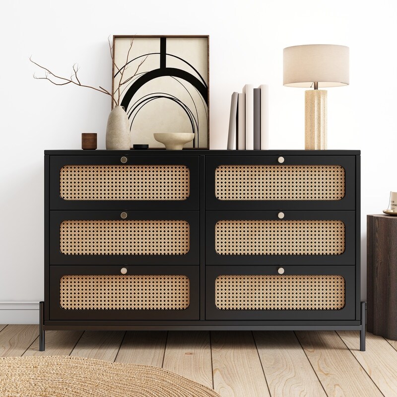 47'' Modern Solid Wood 6 Drawer Dresser with Rattan Decorative Doors (2 Colors）