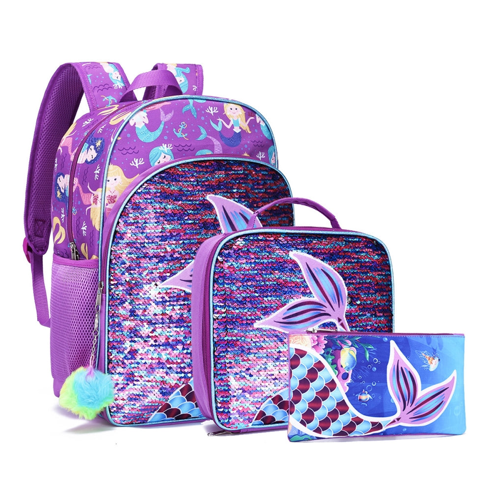 3 in 1 Kid Bookbags Set Girls Mermaid Sequins Backpack with Lunch Bag Pencil Case for School Outdoor Travel Camping Picnic