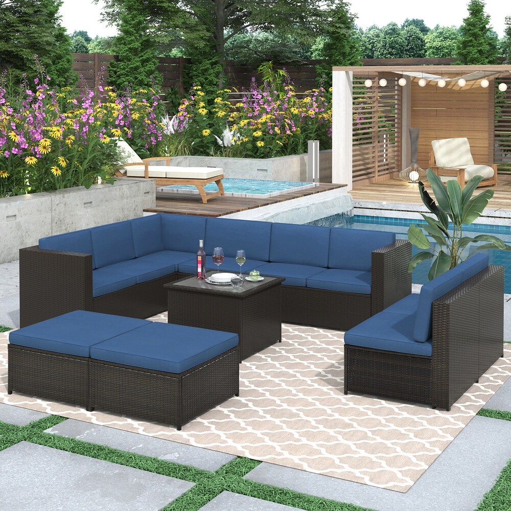 9 Piece Rattan Sectional Seating Group with Cushions and Ottoman