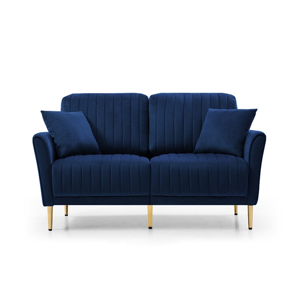 Blue Velvet Upholstered Loveseat Sofa Channel Tufting Lounge Loveseat with Reversible Back and 2 Pillows  Living Room Couch