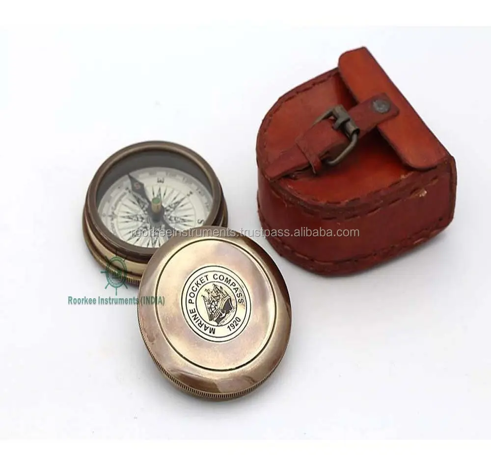 Handmade Handheld Brass Pocket Compass Robert Frost Poem Antiqued Brass Marine Pocket Compass W/Leather Case