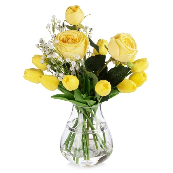 Mixed Rose and Tulip Flower Arrangement in Clear Glass Vase with Acrylic Water for Home Wedding Decoration