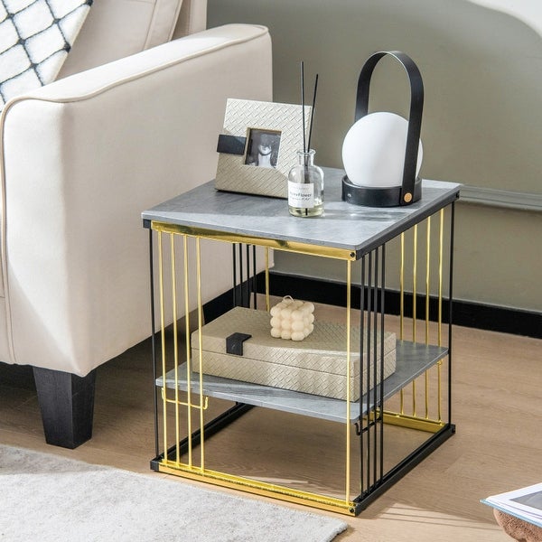 2-Tier Metal Square Side End Table with Removable Shelf-Grey - Grey - 15.5