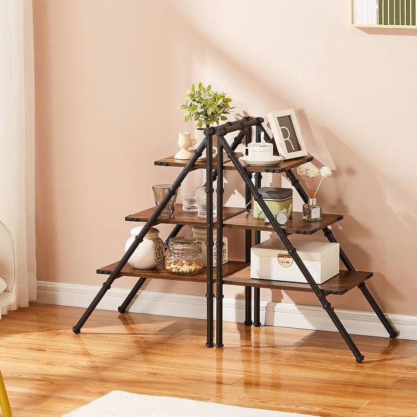 Set of 2 Industrial 3-Tier Ladder Shelf， Leaning Open Wood Storage Shelfing Rack