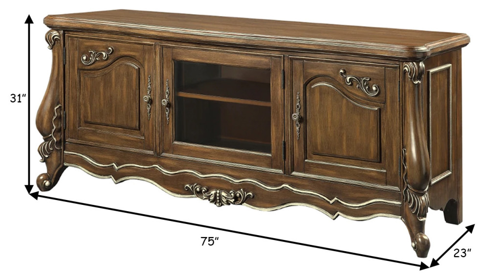 Benzara BM276263 75 quotTV Media Entertainment Center  3 Cabinets  Antique Oak   Victorian   Entertainment Centers And Tv Stands   by Uber Bazaar  Houzz