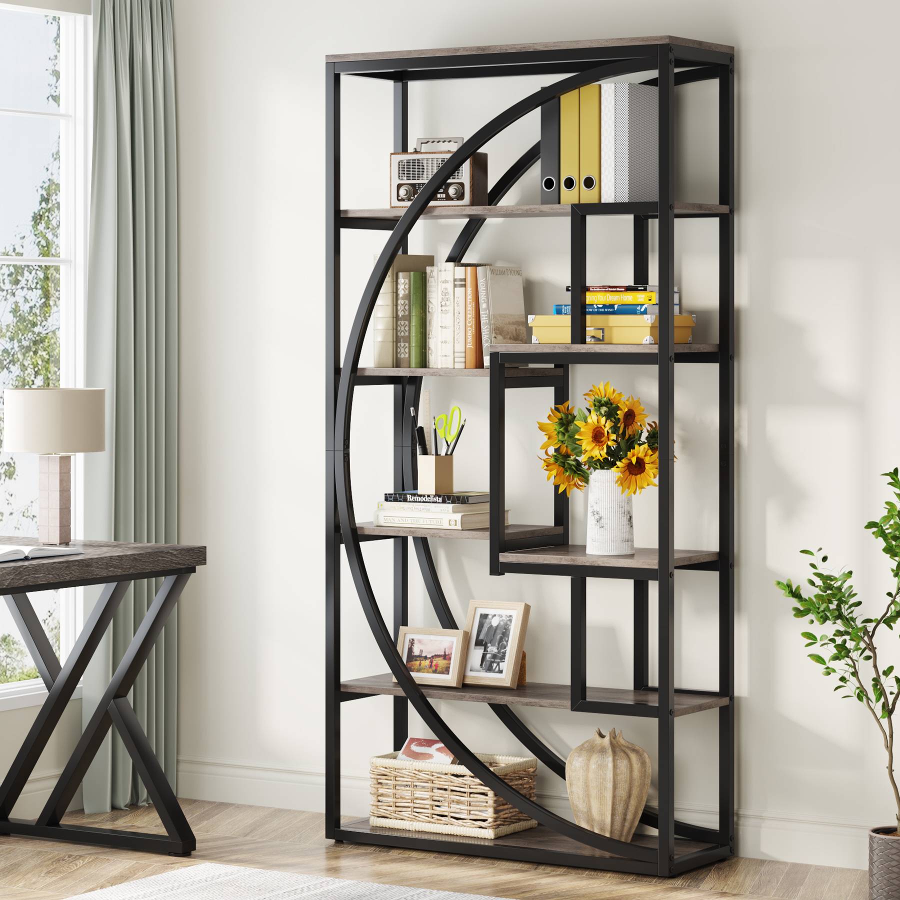 Industrial Bookshelf Bookcase with 8 Open Storage Shelf