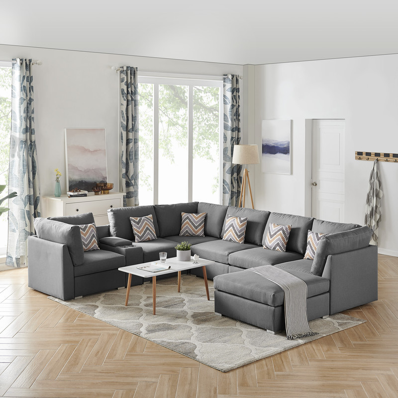 Amira Gray Fabric Reversible Modular Sectional  Usb Console  Ottoman  89825 6   Contemporary   Sectional Sofas   by Timeout PRO  Houzz