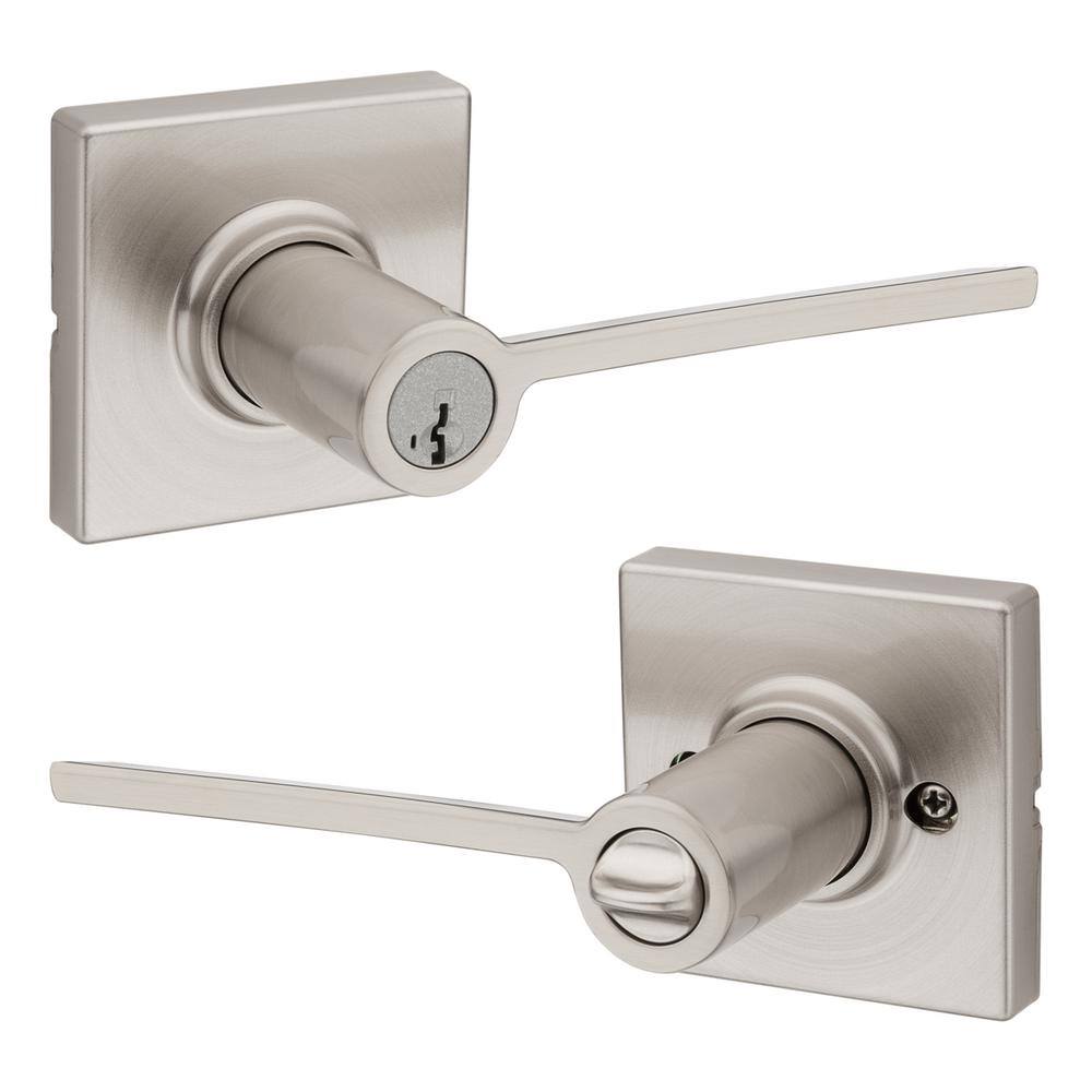 Kwikset Ladera Satin Nickel Exterior Entry Door Handle with Square Trim featuring SmartKey Security 405LRLSQT15SMK4