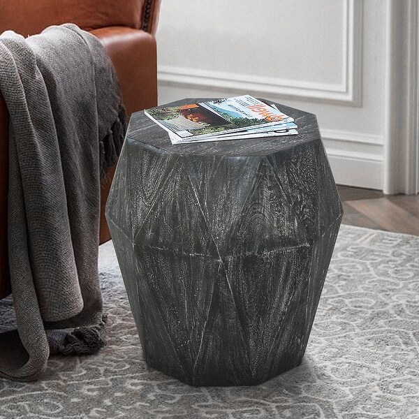 Ashton Faceted End Table with Diamond Pattern and Wooden Frame， Gray