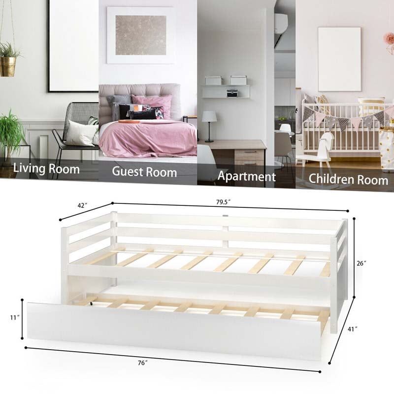 Wooden Twin Daybed with Trundle & Durable Slat Support, Standard Twin Bed Frame Sofa for Guest Children Living Room