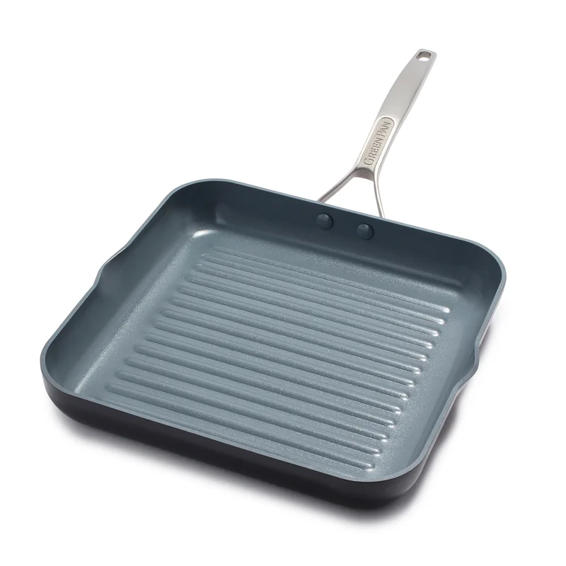 GreenPan Paris Pro Hard Anodized Healthy Ceramic Nonstick， 11 Square Grill Pan， PFAS-Free， Dishwasher Safe， Grey