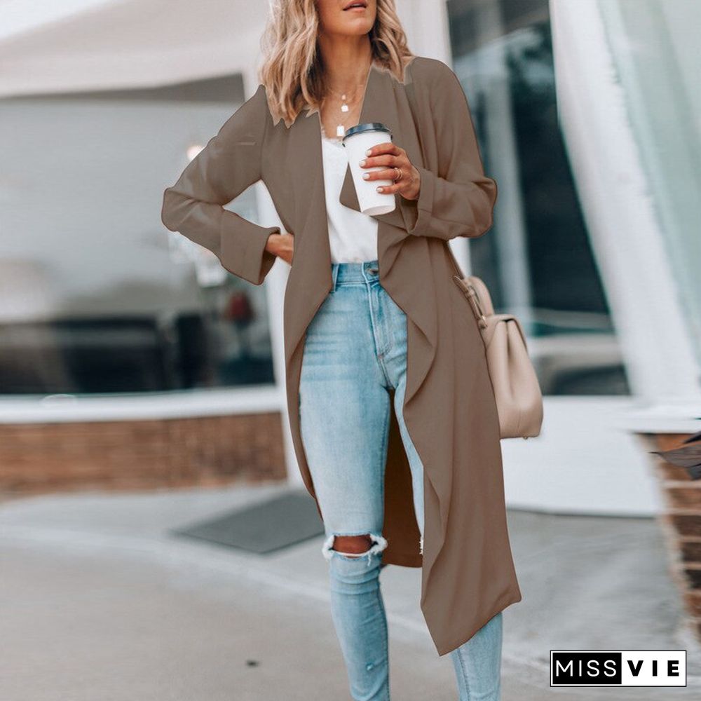 Elegant Lapel Loose Long Windbreaker Women Casual Solid Long Sleeve Cardigan Coat Autumn Spring Fashion Commute All-match Jacket