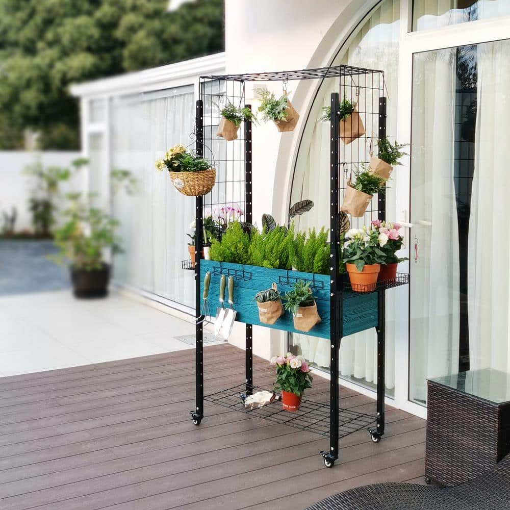 EverBloom Blue Self-Watering Composite Mobile Elevated Planter with Arch Trellis and UnderShelf and Basket and Hook Set K2304