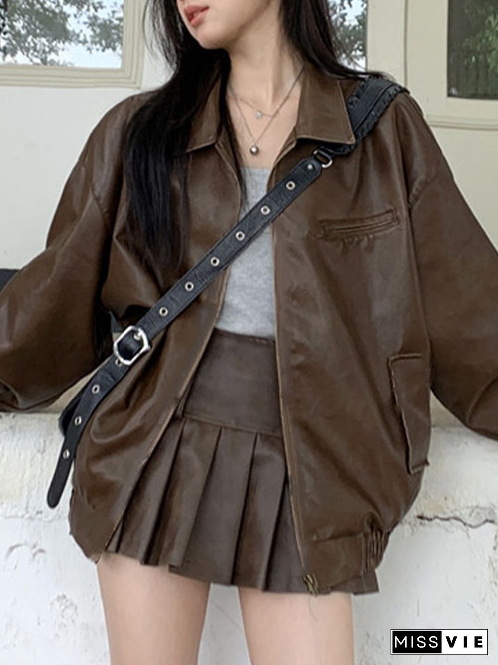 Vintage Brown Lapel Neck Zip Up Leather Jacket