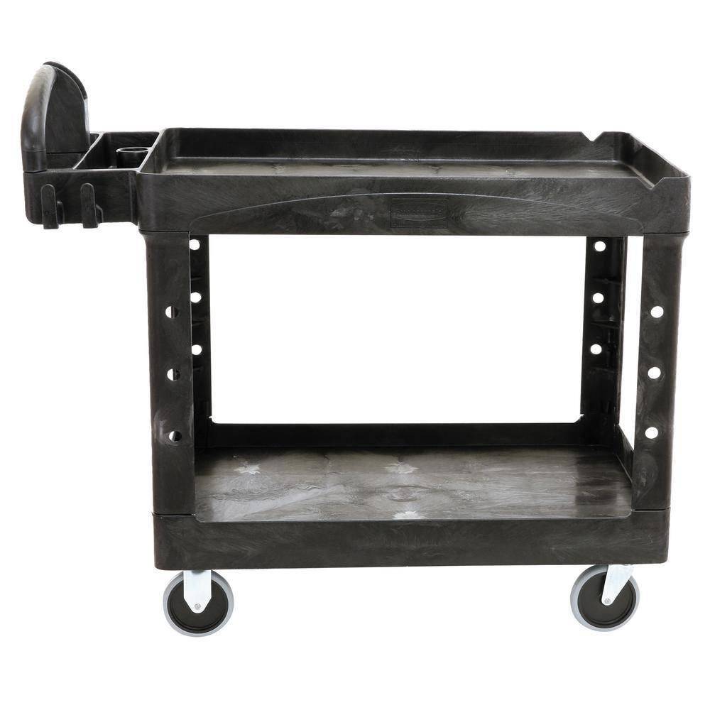 Rubbermaid Commercial Products Heavy Duty Black 44 in. 2-Shelf Utility Cart with Lipped Shelf in Medium with Casters RCP452088BK