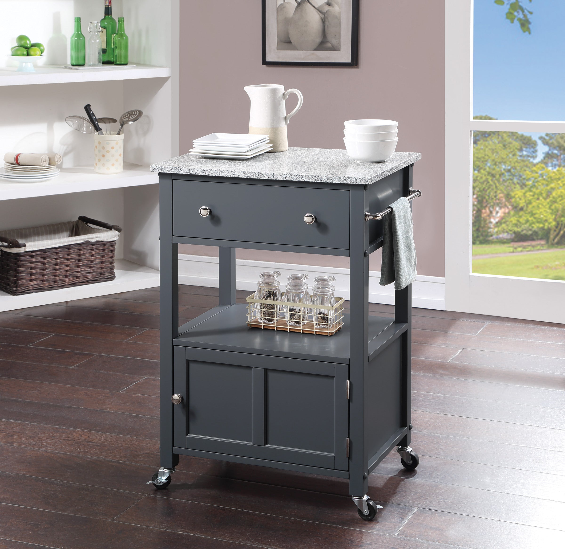 OS Home and Office Furniture Fairfax Model FRXG-2 Gray Kitchen Cart with Doors， Towel Rack， and Drawer