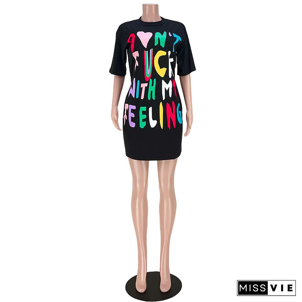 Letter Print O Neck Half Sleeve Loose T Shirt Dress