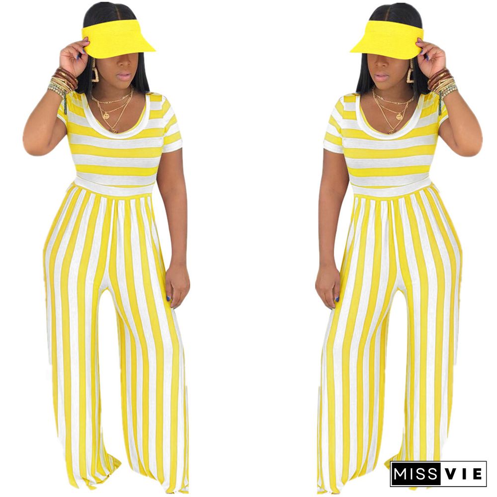 Striped Print Short Sleeve Wide Leg Jumpsuit