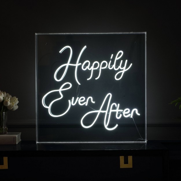 Happily Ever After Square Contemporary Glam Acrylic Box Usb Operated Led Neon Light White Jonathan Y