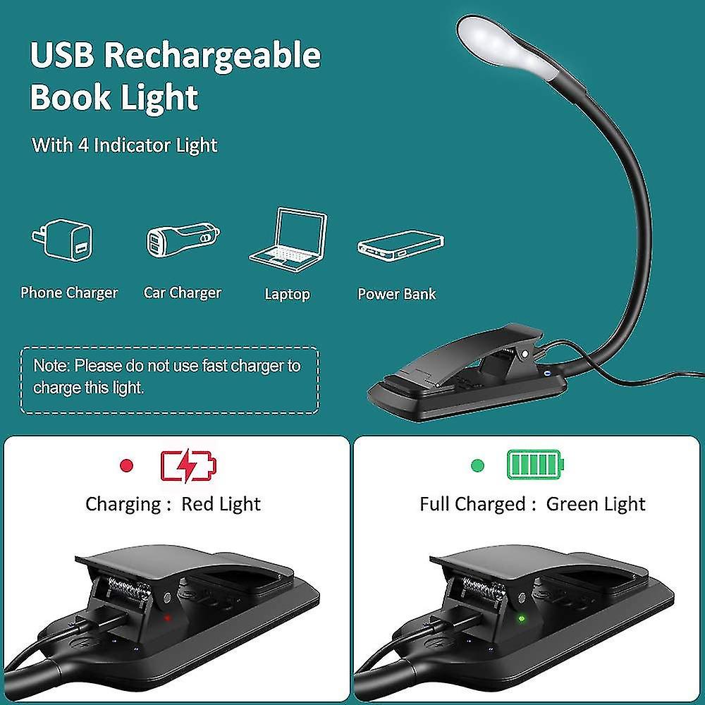 Reading Light， 7 Led Reading Light Rechargeable Clip Lamp， 360 Flexible Neck， 3 Color Temperature