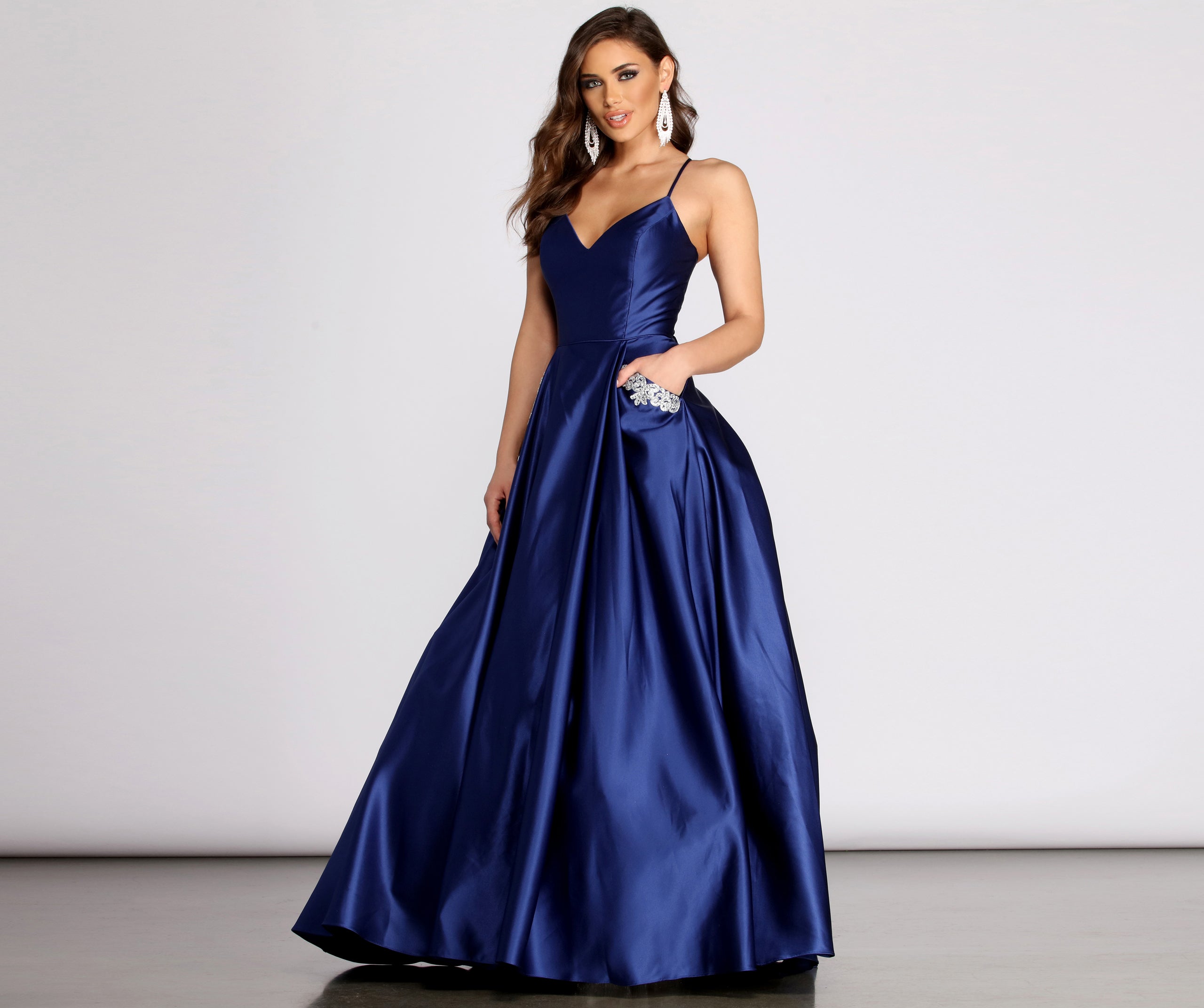 Rochella Satin Rhinestone Trim Ball Gown