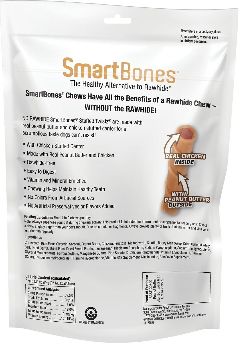 SmartBones Stuffed Twistz Peanut Butter Dog Treats， 6 count