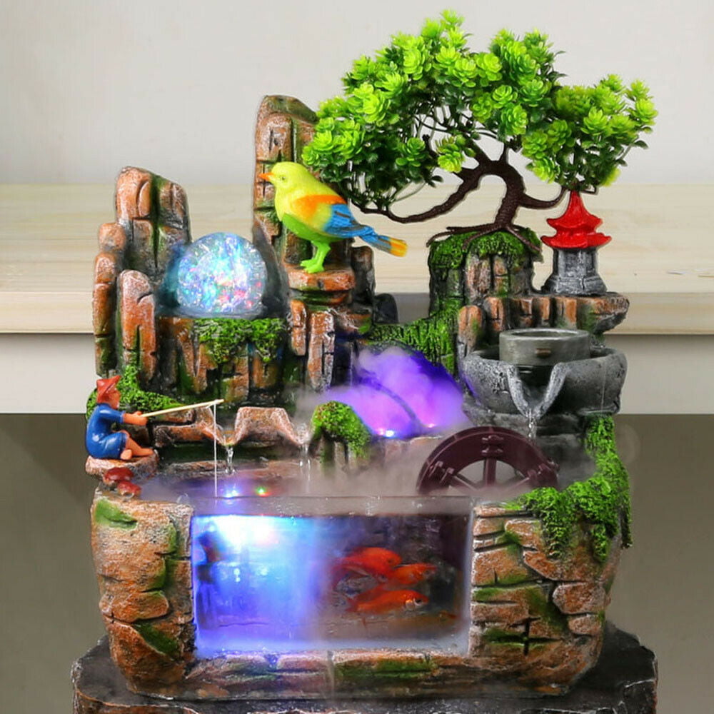 LED Rockery Fountain Waterfall Fengshui Desktop Water Sound Indoor Decor 110V US