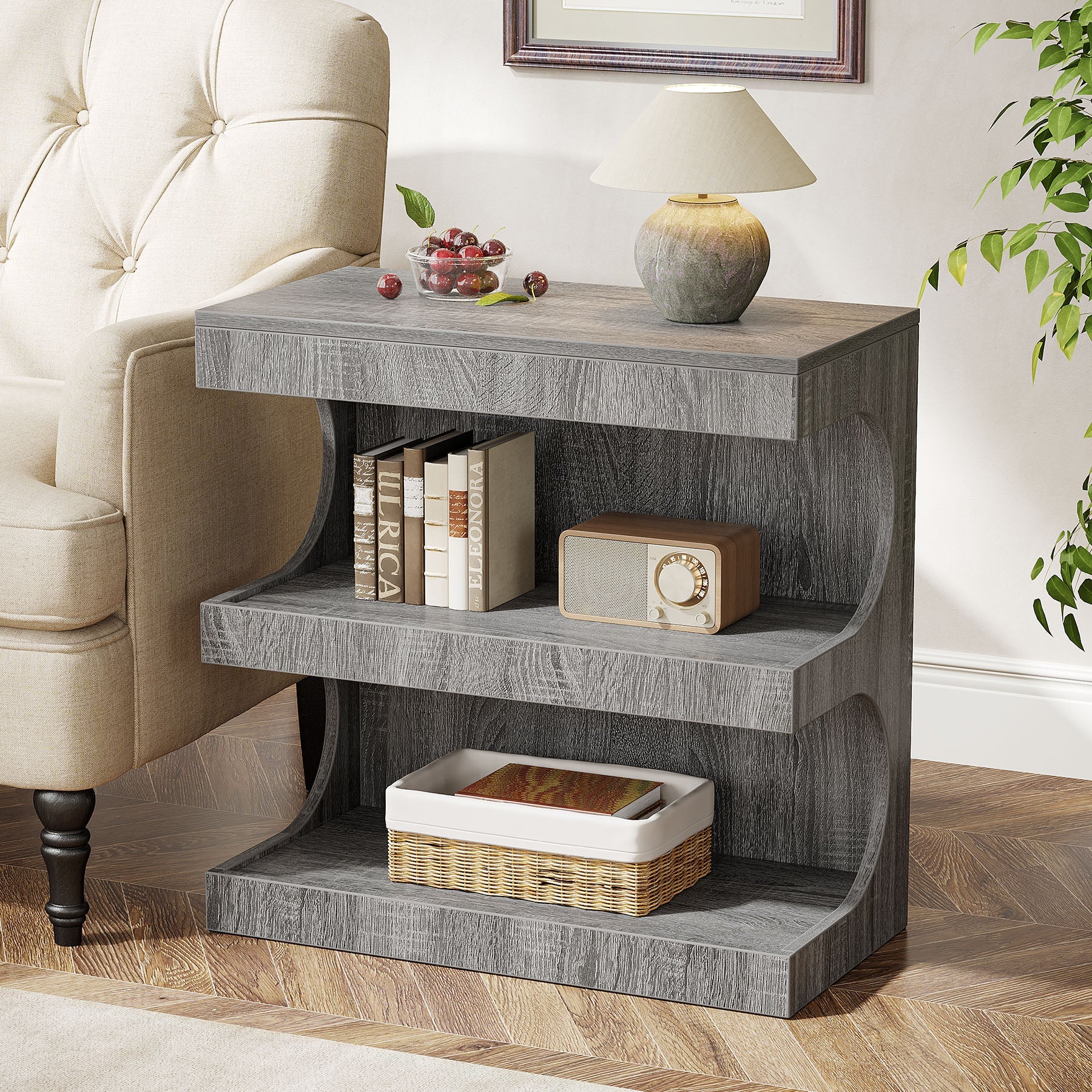 3-Tier End Table, Wood Side Table Storage Nightstand