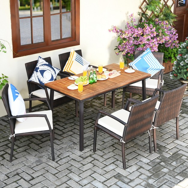 Tangkula 7pcs Patio Rattan Furniture Dining Set Wooden Table Cushioned Chair