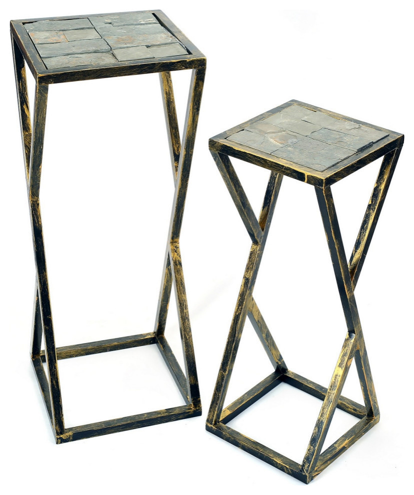 Stone Top Plant Stand With Geometric Base  Set of 2  Black and Gray   Industrial   Plant Stands And Telephone Tables   by VirVentures  Houzz