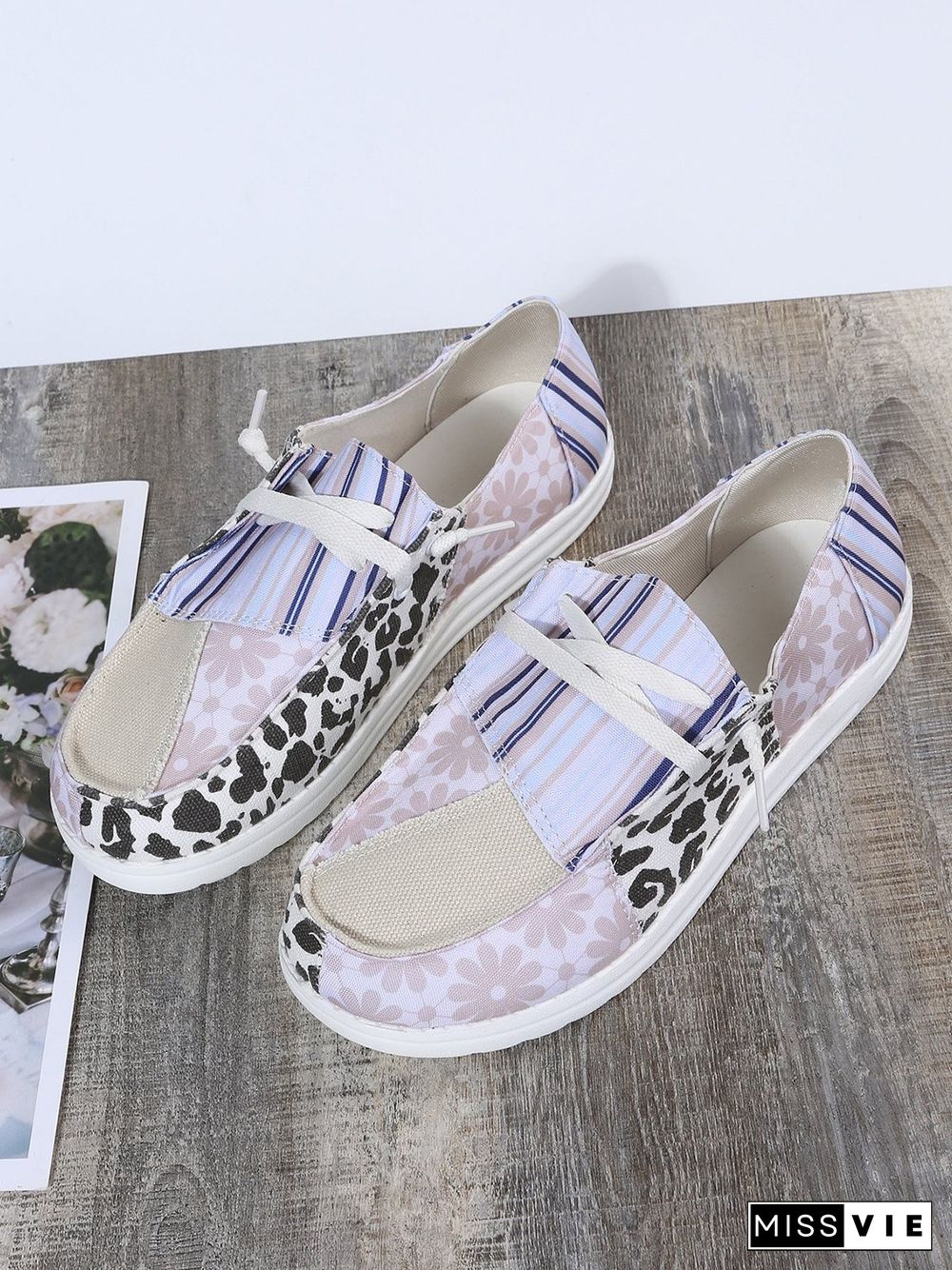 Striped Leopard Print Floral Panel Canvas Flats