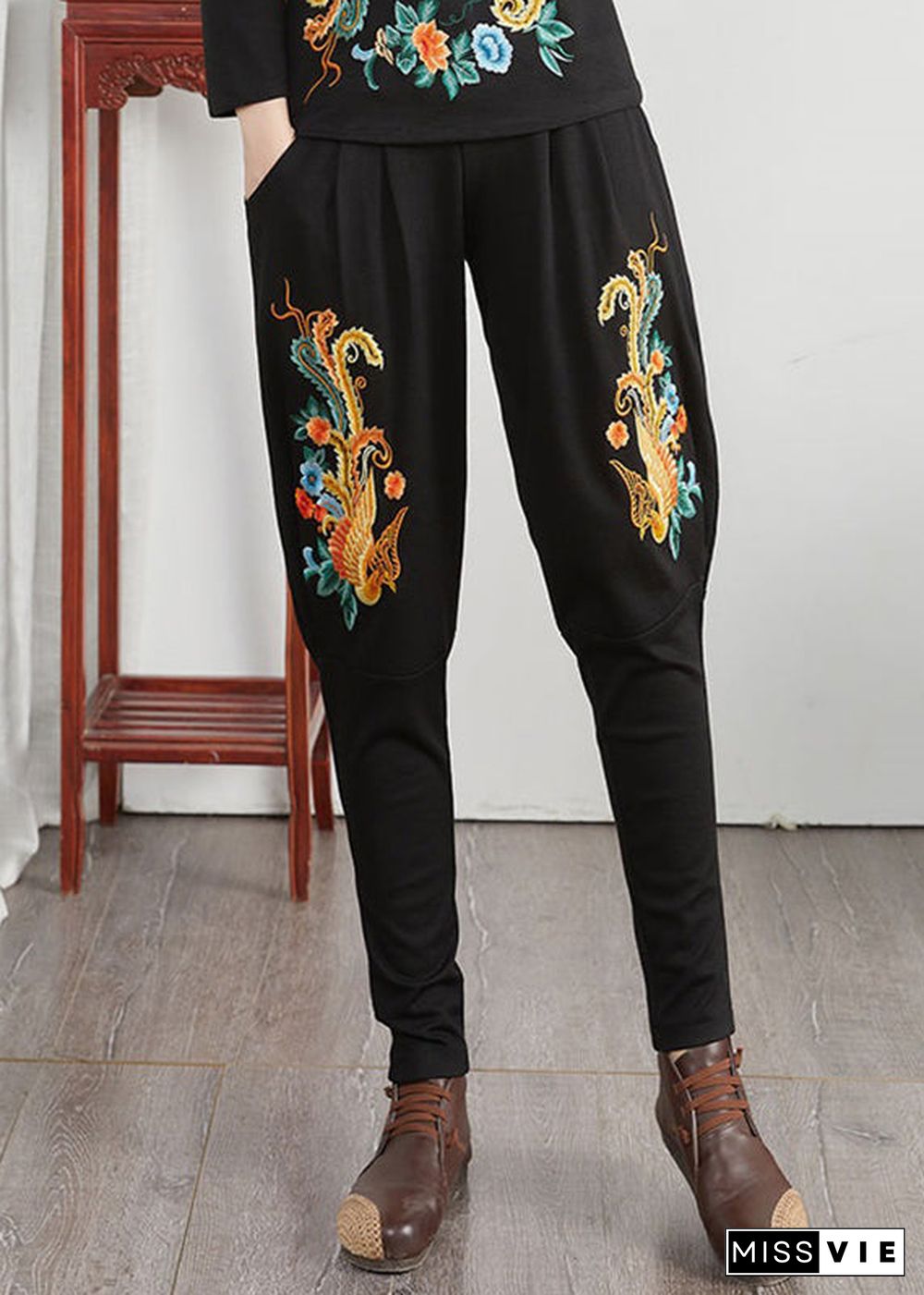 Loose Phoenix Embroideried Pockets Patchwork Cotton Pants Fall