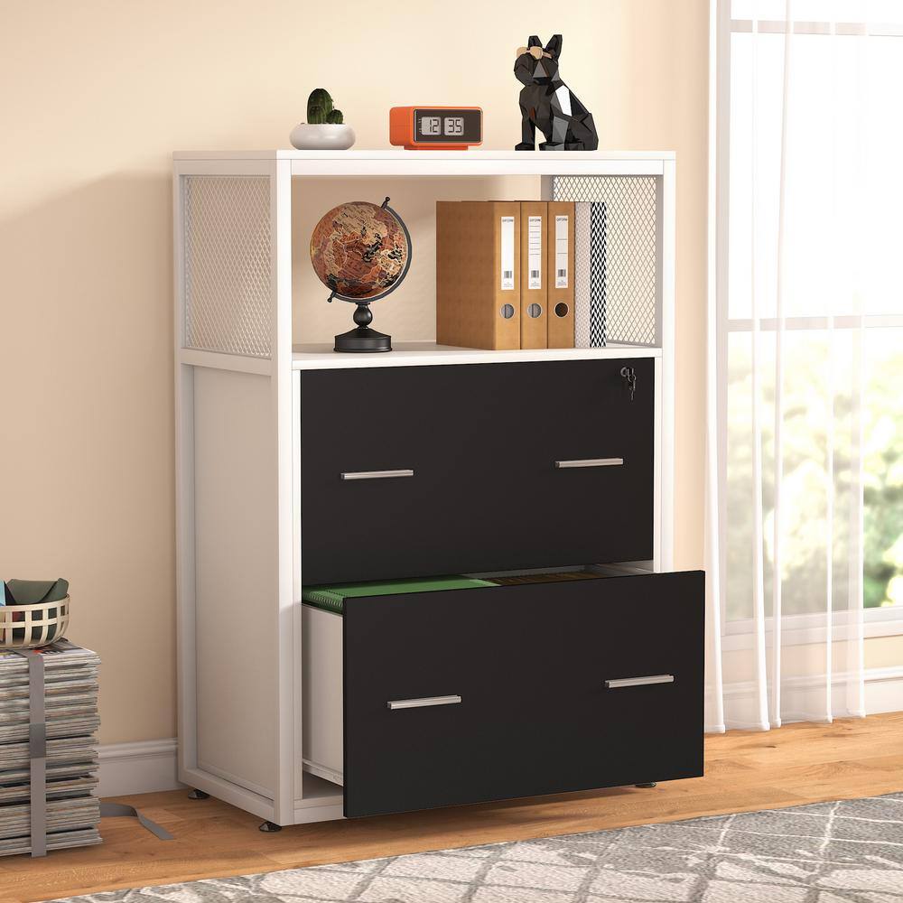 BYBLIGHT Atencio White File-Cabinet with Lock 2-Drawer Open Storage Shelves BB-C0342XF