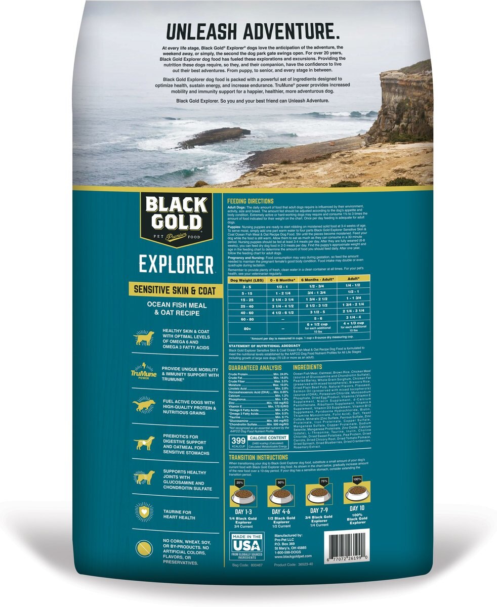 Black Gold Explorer Sensitive Skin and Coat Ocean Fish Meal and Oat Recipe Dry Dog Food， 40-lb bag