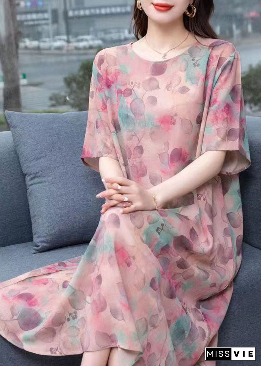 Chic light Purple O-Neck Print Patchwork Chiffon Dresses Summer