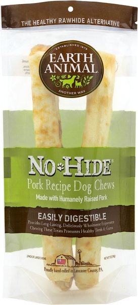 Earth Animal No-Hide Long Lasting Natural Rawhide Alternative Pork Recipe Large Chew Dog Treats， 2 count