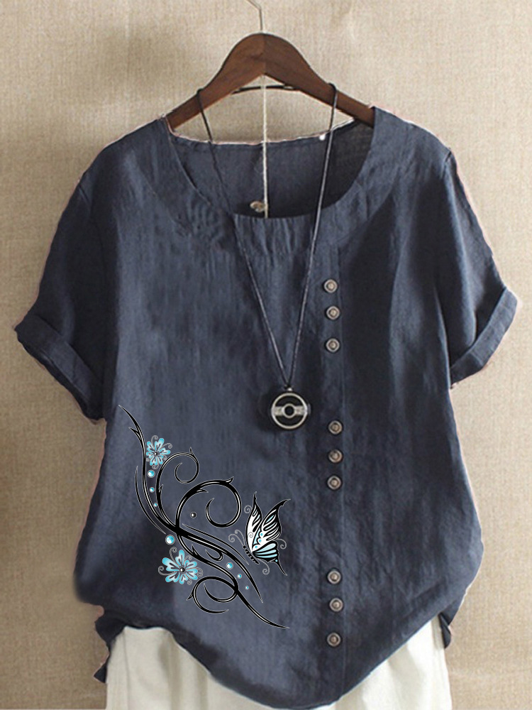 Round Neck Casual Loose Butterfly Print Short Sleeve Blouse