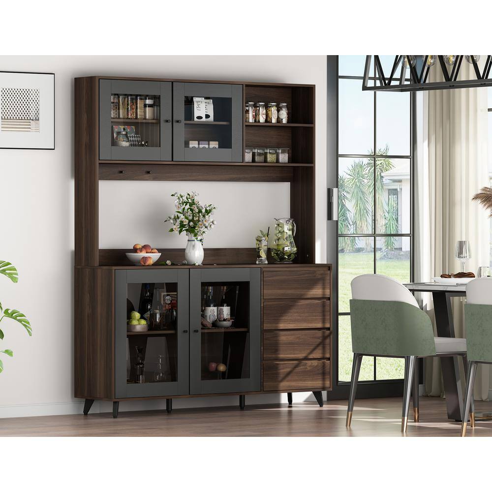 FUFUGAGA 63 in. L Brown Wood Buffet Sideboard Pantry Cabinet with 4-Drawers Hooks Open Shelves Doors for Kitchen Dining Room KF210128-023