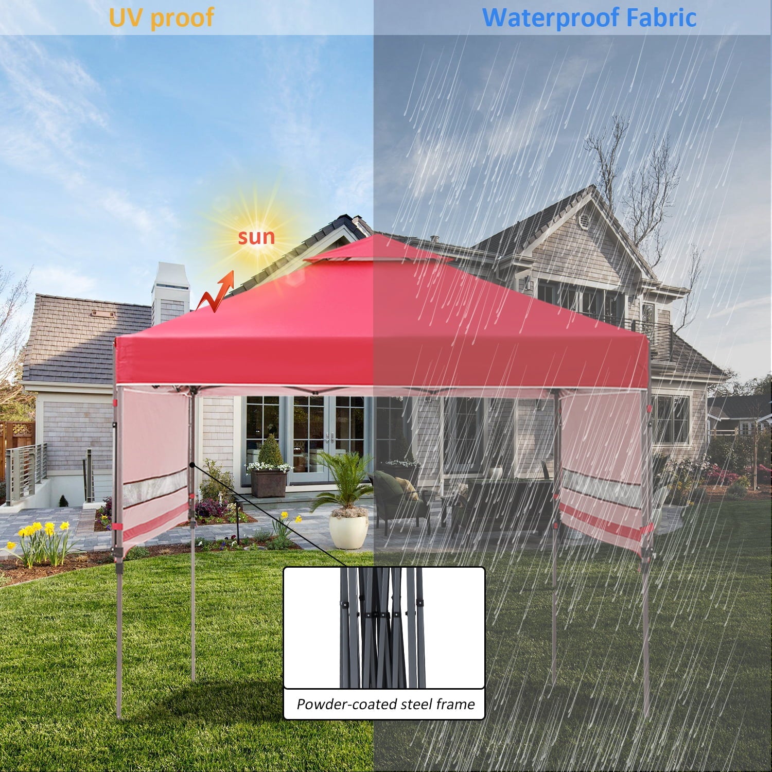 Outdoor Basic 10x17 Ft 2-Tier Pop Up Canopy Tent, Instant Canopy Shelter with Ventilation, Adjustable Dual Half Awnings and Wheeled Carrying Bag,Red