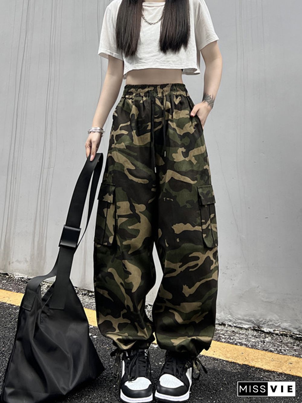 Hip-Hop Wide Leg Drawstring Camouflage  Pants