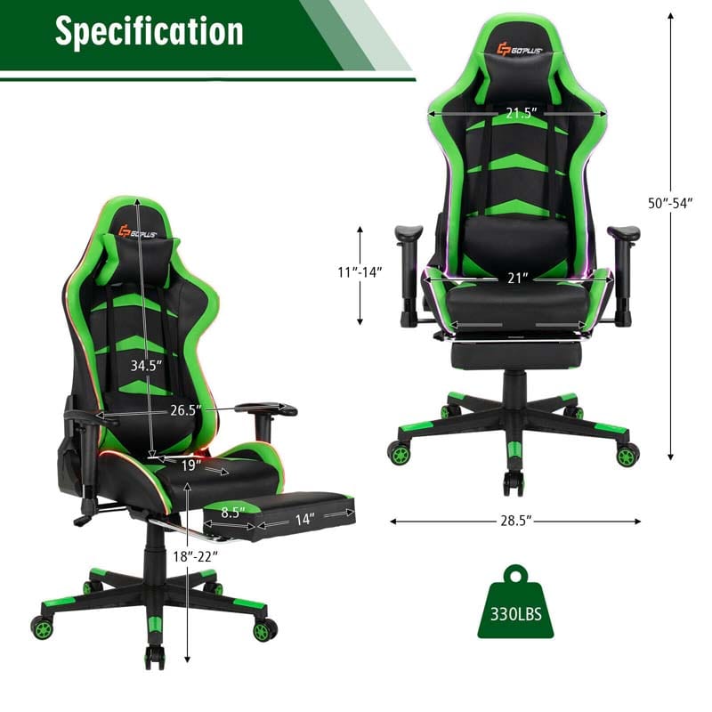 LED Massage Gaming Chair, Height Adjustable Racing Computer Office Chair with Footrest, Ergonomic High Back PU Swivel Game Chair