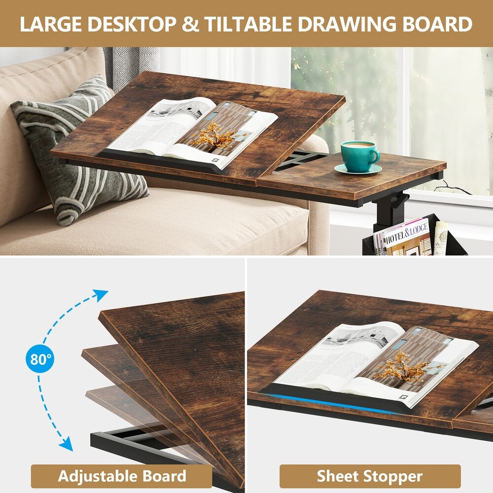 Adjustable C Shaped End Table with Tiltable Drawing Board