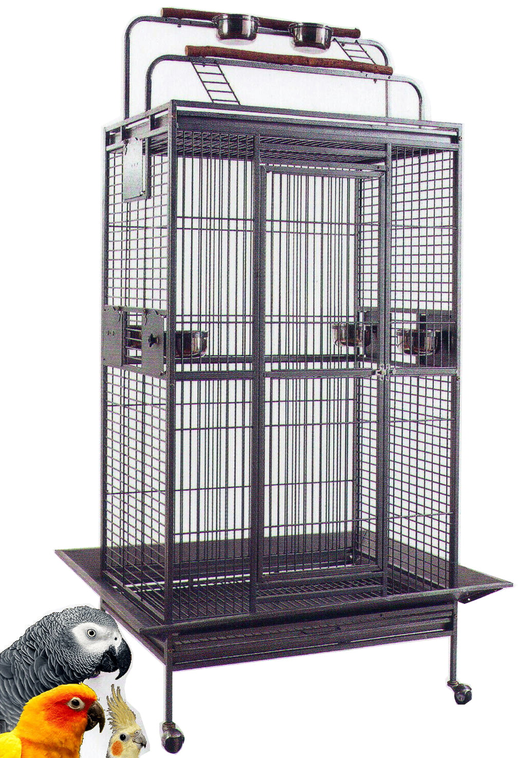 Large Elegant and Durable Wrought Iron Bird Parrot Rolling Cage Double Ladders Open Play Top With Seed Guard