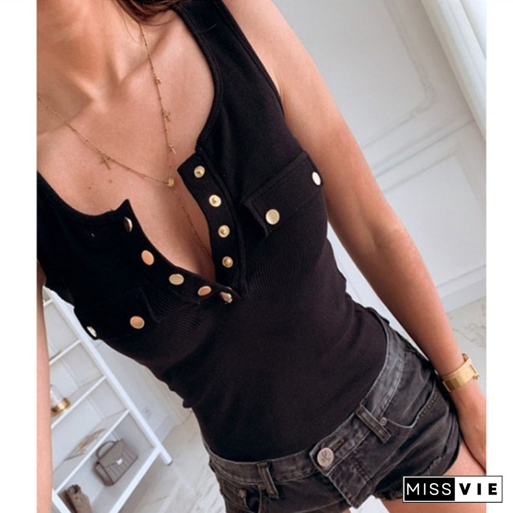 XS-8XL Summer Tops Plus Size Fashion Clothes Women's Casual V-neck Button Up Shirts Solid Color Off Shoulder Blouses Ladies Cotton Slim Fit Vest Sleeveless Tank Tops