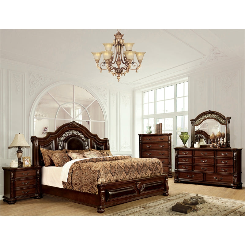 Furniture of America Eleo Traditional Faux Leather Panel Bed, King, Brown Cherry