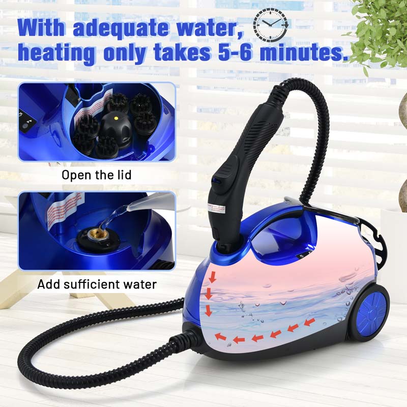 2000W Steam Cleaner, Multipurpose Household Steamer, Heavy Duty Rolling Cleaning Machine with 19 Accessories, 1.5L Water Tank