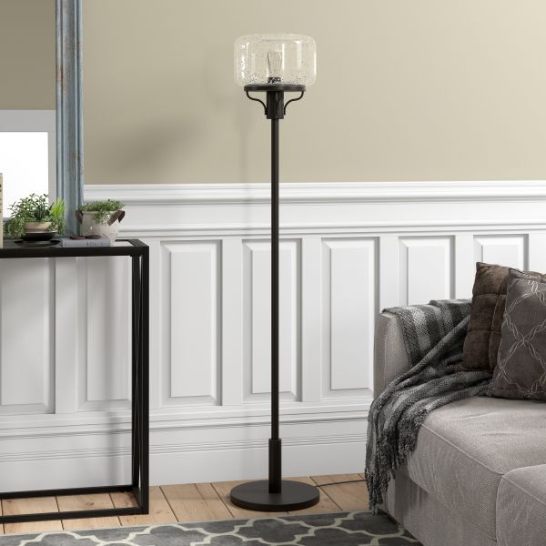 Tatum Globe and Stem Floor Lamp with Glass Shade in Blackened Bronze/Seeded