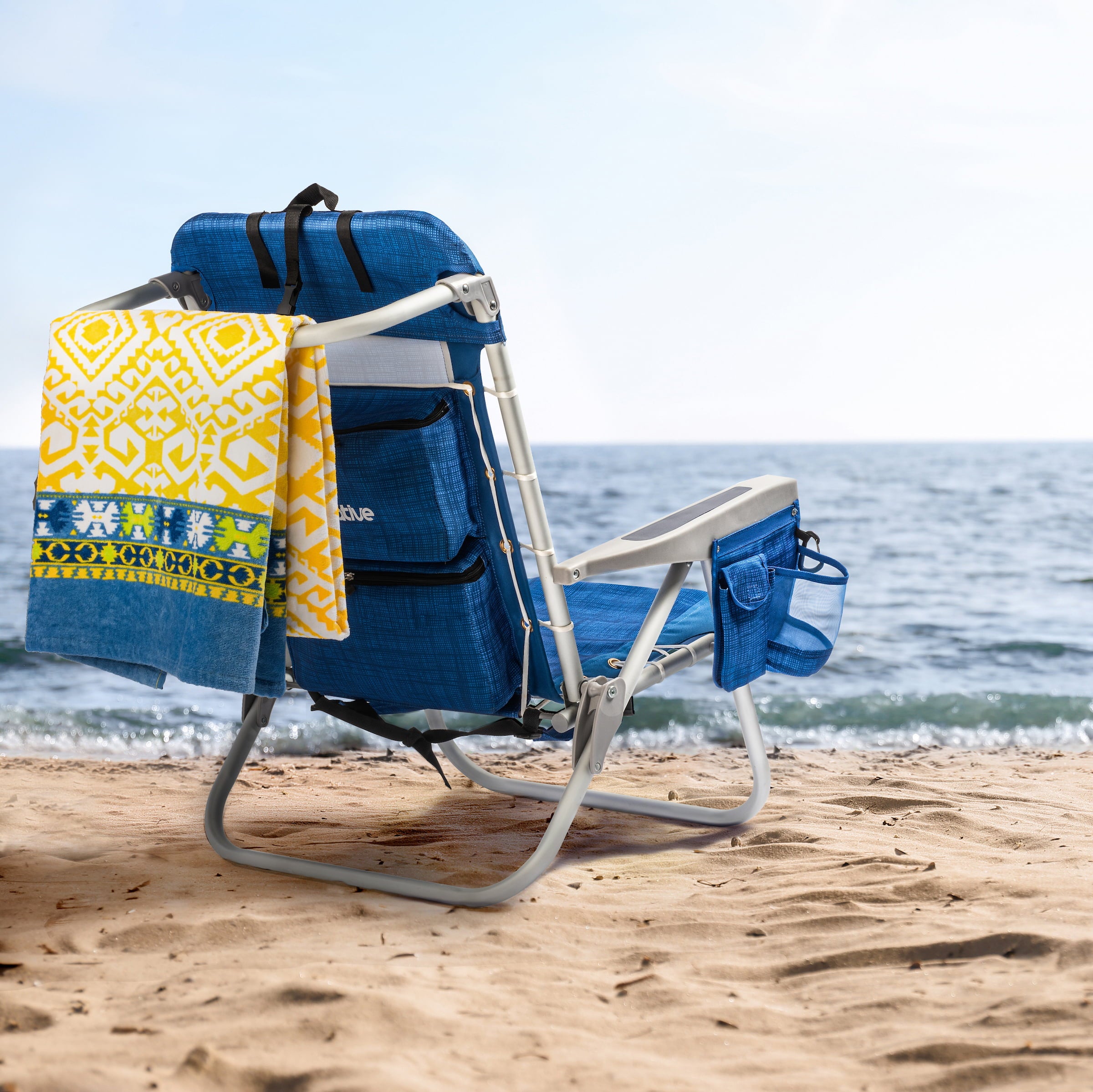 Homevative Folding Backpack Beach Chair with 5 Positions， Towel Bar， Blue