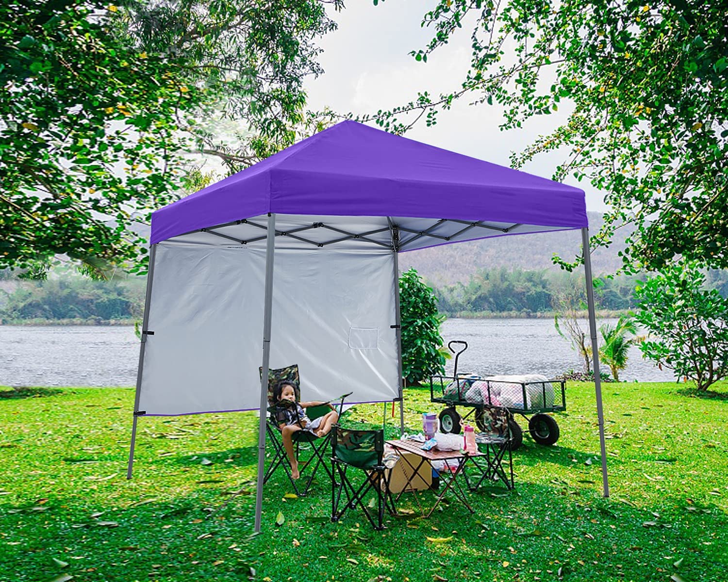 ABCCANOPY 10 ft x 10 ft Outdoor Pop up Slant Leg Canopy Tent with 1 Sun Wall and 1 Backpack Bag - Purple